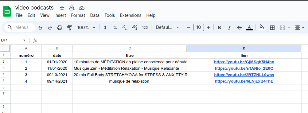 données google sheets pour une application podcast video
