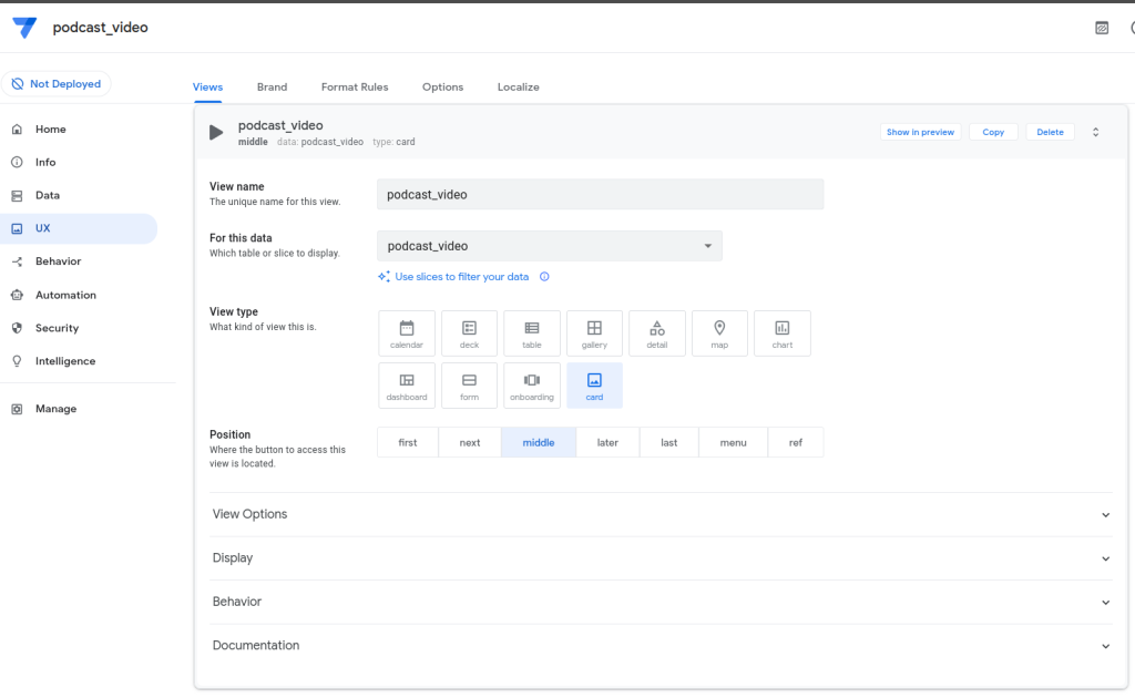création d'une vue card pour une application de contenu vidéo dans appsheet