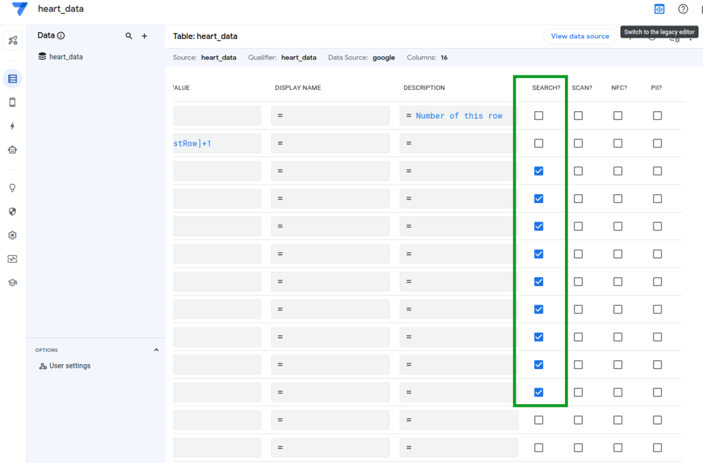 activation fonction search dans appsheet