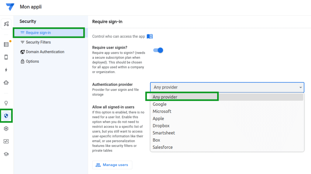 différentes méthodes d'authentification dans appsheet