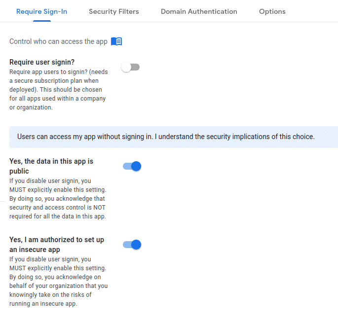 absence d'authentification dans une application publique appsheet