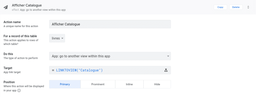 configuration bouton d'action dans appsheet