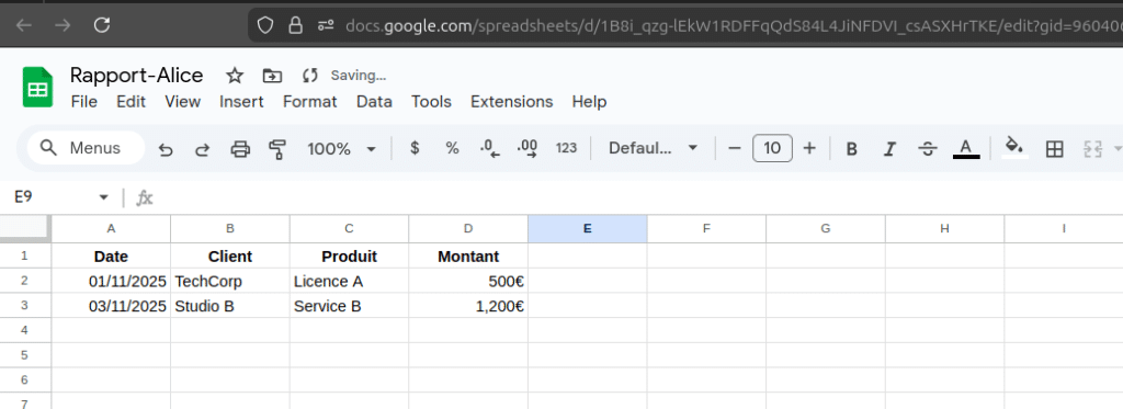 fichier de vente google sheets