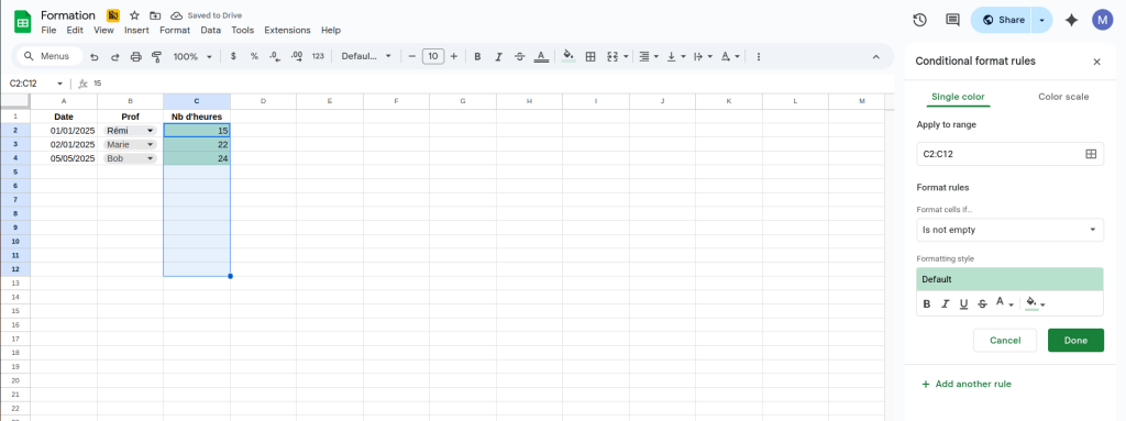 menu formatage conditionnel google sheets