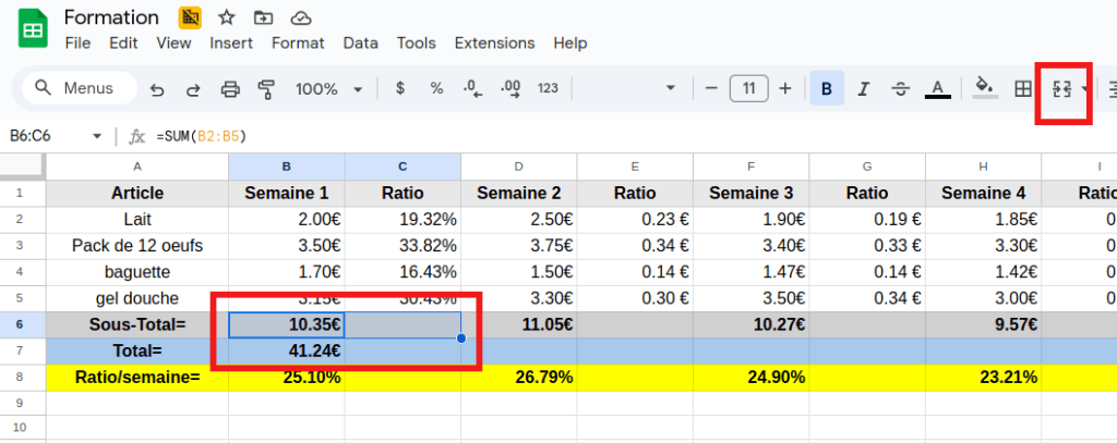 icône fusion cellules google sheet