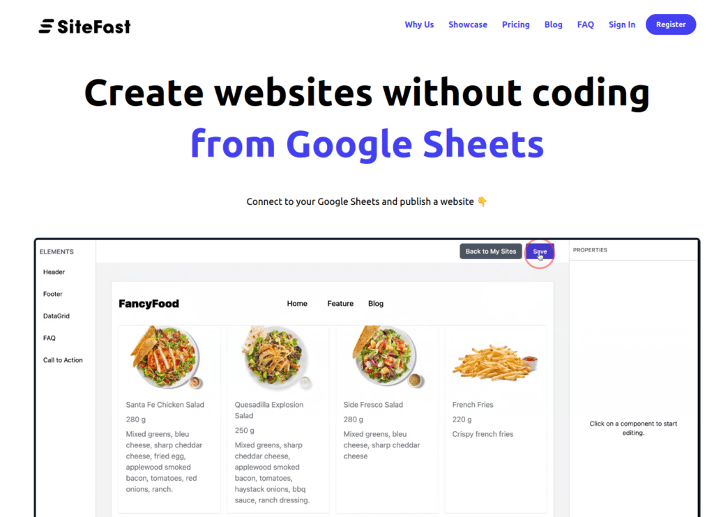 Capture de l'éditeur SiteFast montrant la personnalisation d'un menu de restaurant à partir de données Google Sheets