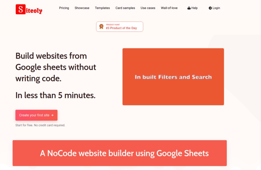 nterface de Siteoly montrant la promesse de créer un site web à partir de Google Sheets en moins de 5 minutes.