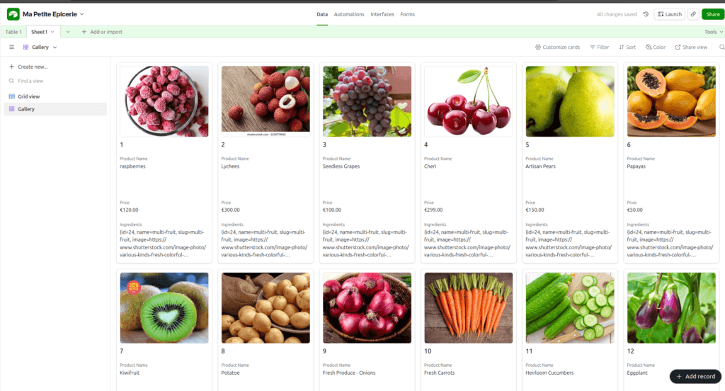 Vue de type gallerie dans Airtable