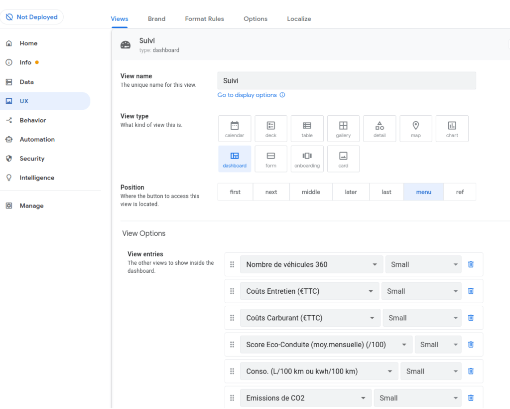 création d'une vue dashboard dans l'interface de google appsheet