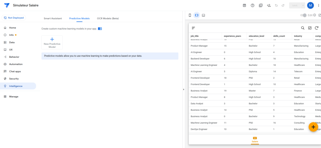 Vue permettant de créer un modèle prédictif dans google appsheet