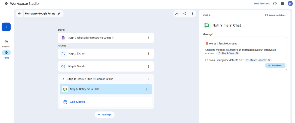 notification dans google chat dans workspace studio