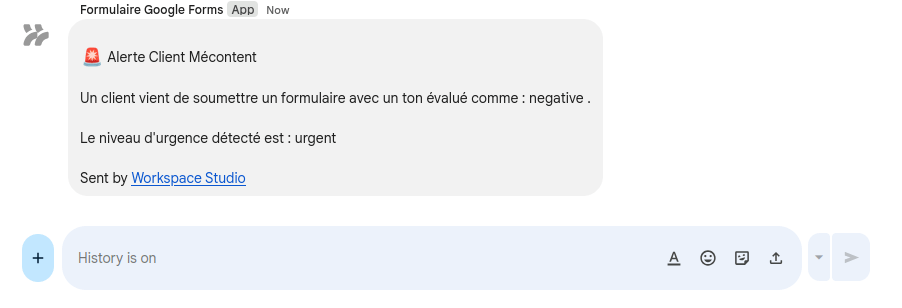 exemple de message reçu de workspace studio dans google chat