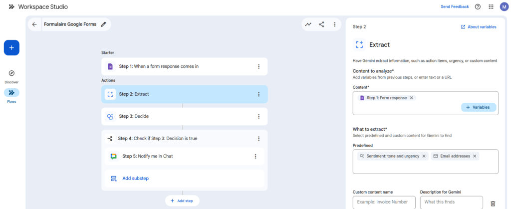 paramétrage de l'action "Extract" dans workspace studio