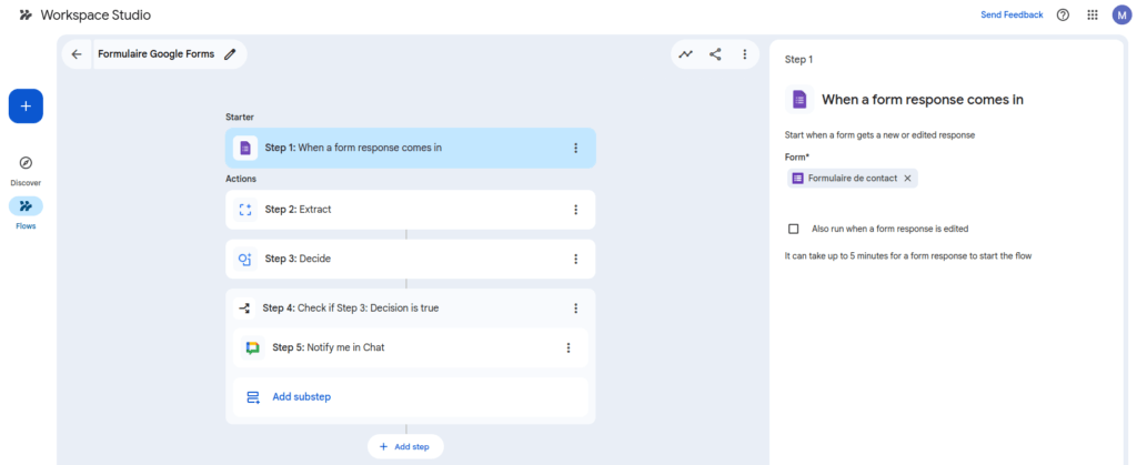 définition d'un starter en lien avec google forms dans google workspace studio