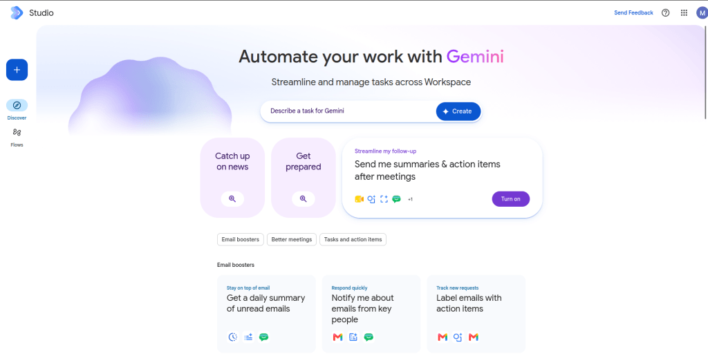 Page d'accueil de google workspace studio