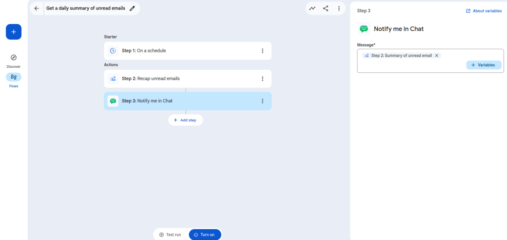 exemple d'action pour une notification dans google chat sur google workspace studio