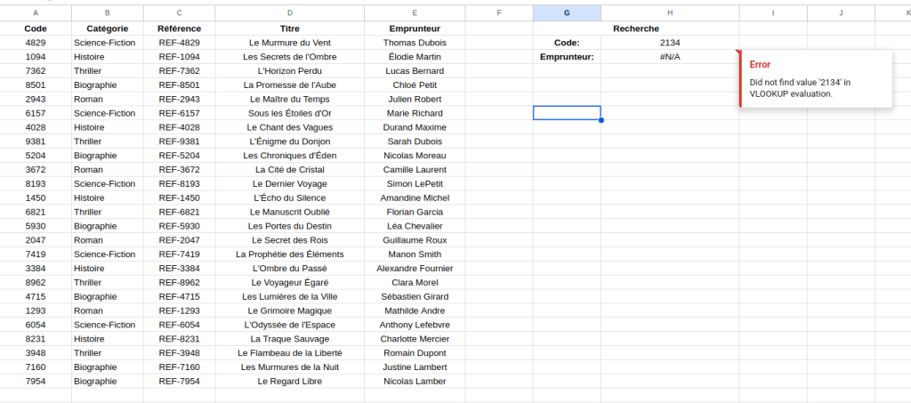 exemple d'erreur vlookup