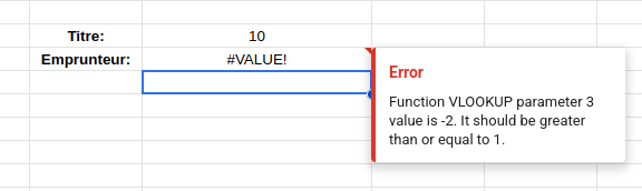 erreur value dans la fonction vlookup de google sheets