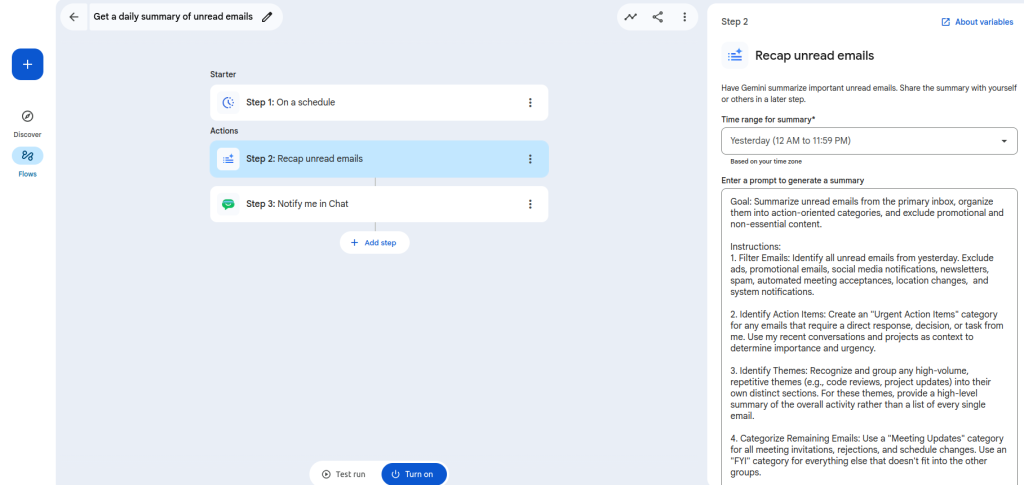 exemple de configuration d'une action pour résumer des emails non lus dans workspace studio