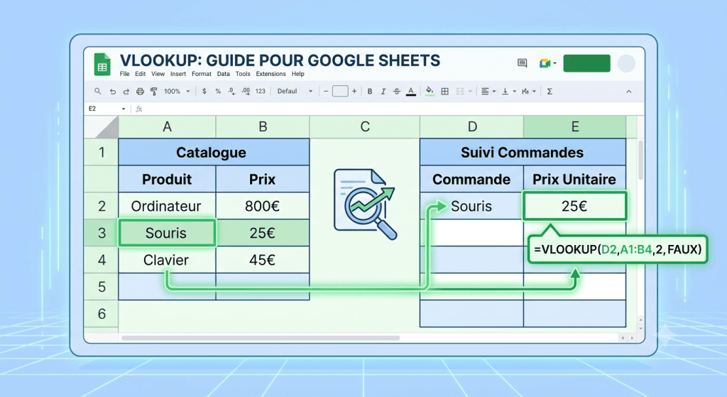 schéma conceptuel de la fonction Vlookup dans google sheets