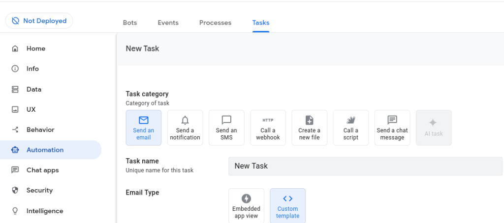 Menu AI Task lors de la création de Bot dans AppSheet