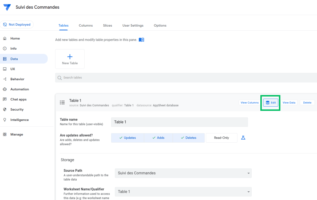 Edition d'une table dans appsheet database
