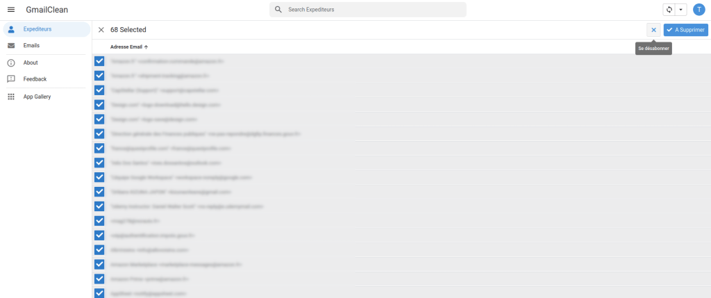 Interface de l'application pour supprimer les emails dans gmail