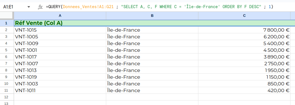 Exemple de requête QUERY avec les clauses WHERE et ORDER BY sur google sheets
